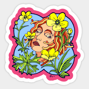 Dreaming Girl with Yellow Flowers Sticker